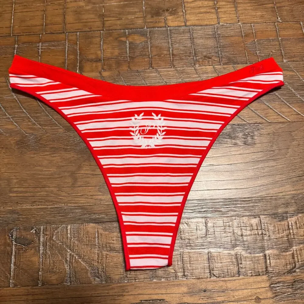 Victoria's Secret Panty Size M Thong String Red Festive Stripe Print Brazilian